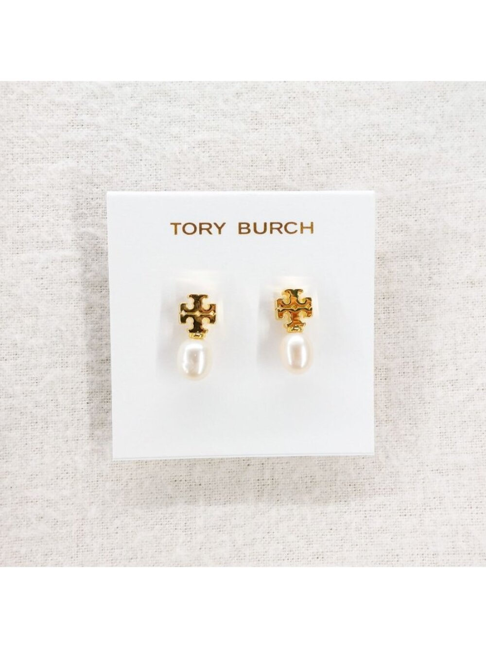 Tory Burch Pearl Logo Drop Earrings Ivory Gold OS